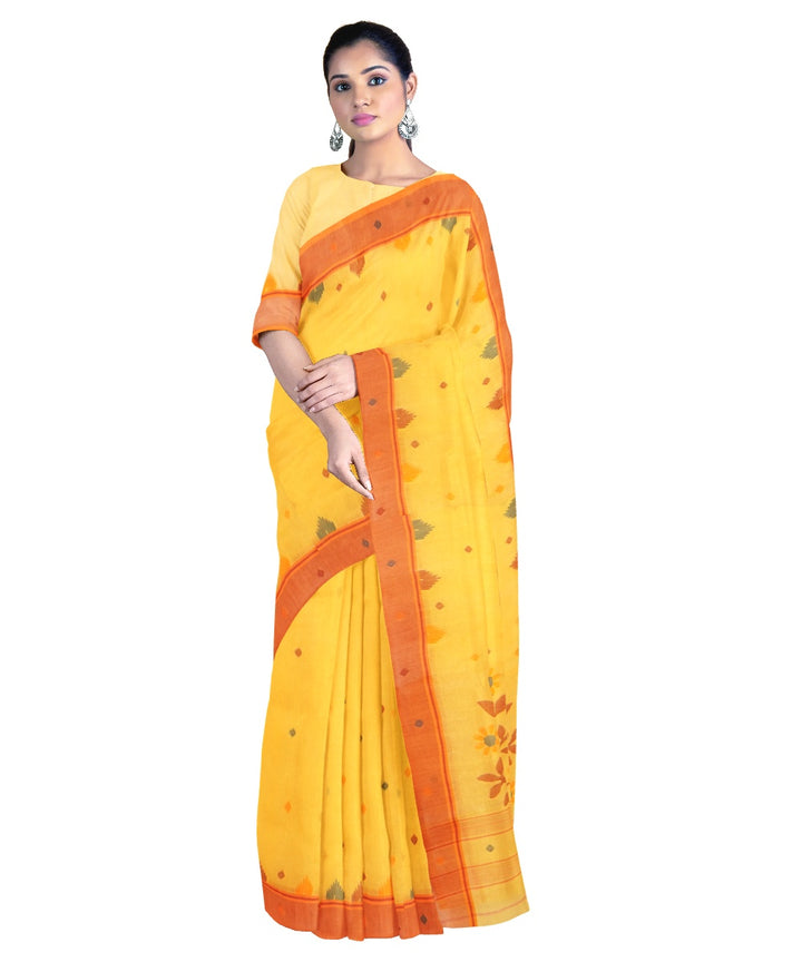 Tantuja yellow red handloom cotton jamdani saree