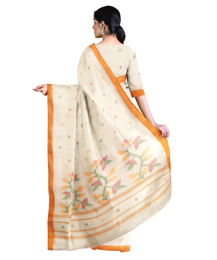 Tantuja beige white handloom cotton jamdani saree