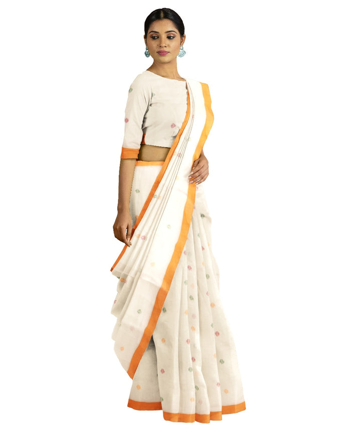 Tantuja beige white handloom cotton jamdani saree