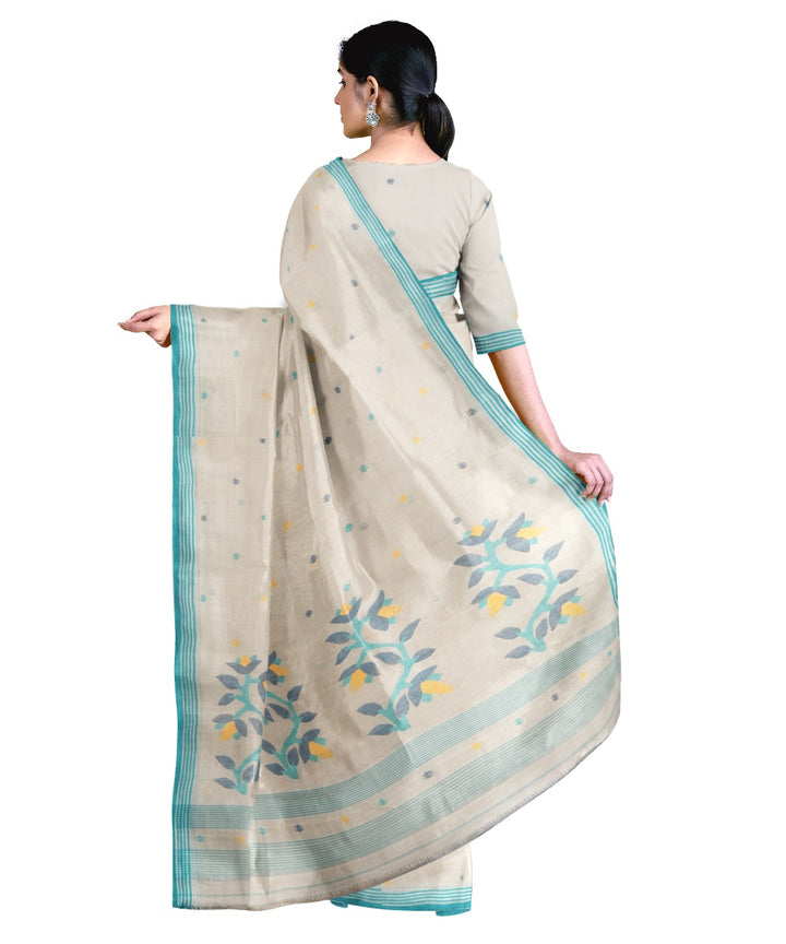 Tantuja beige and blue handloom cotton jamdani saree