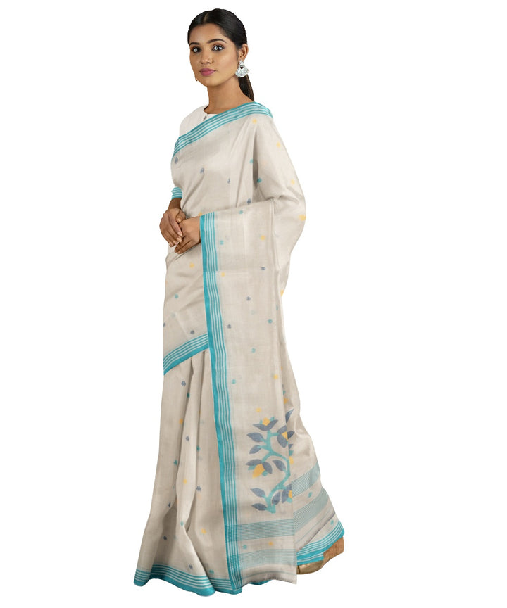 Tantuja beige and blue handloom cotton jamdani saree