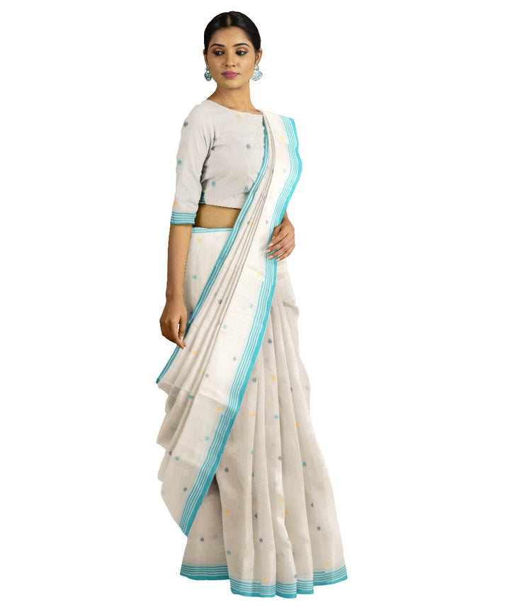 Tantuja beige and blue handloom cotton jamdani saree