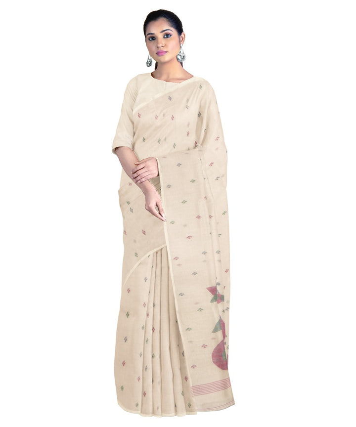 Tantuja beige handloom cotton jamdani saree