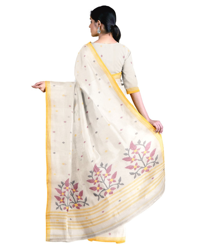 Tantuja beige and yellow handloom cotton jamdani saree