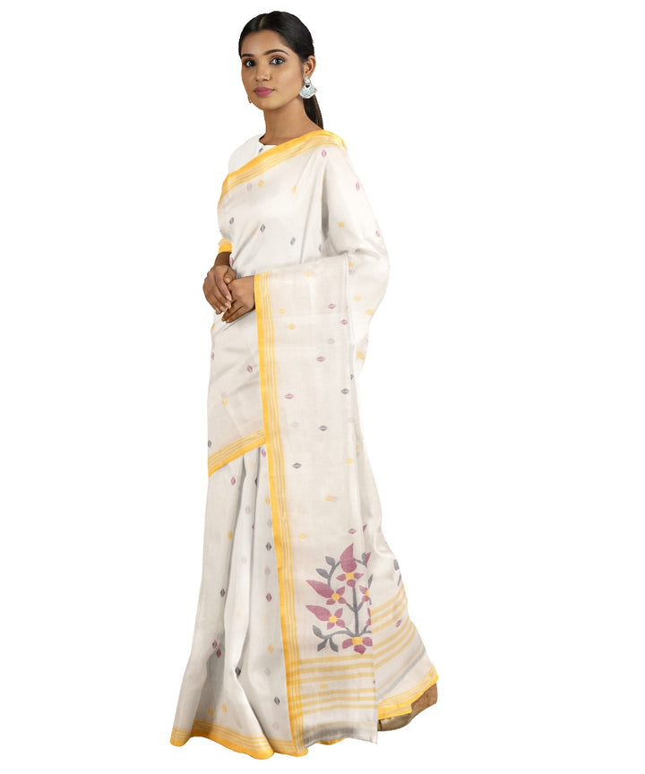Tantuja beige and yellow handloom cotton jamdani saree