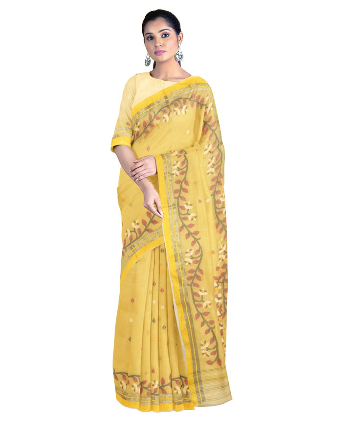 Tantuja mustard yellow handloom cotton jamdani saree