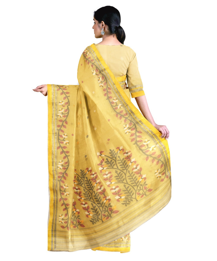 Tantuja mustard yellow handloom cotton jamdani saree