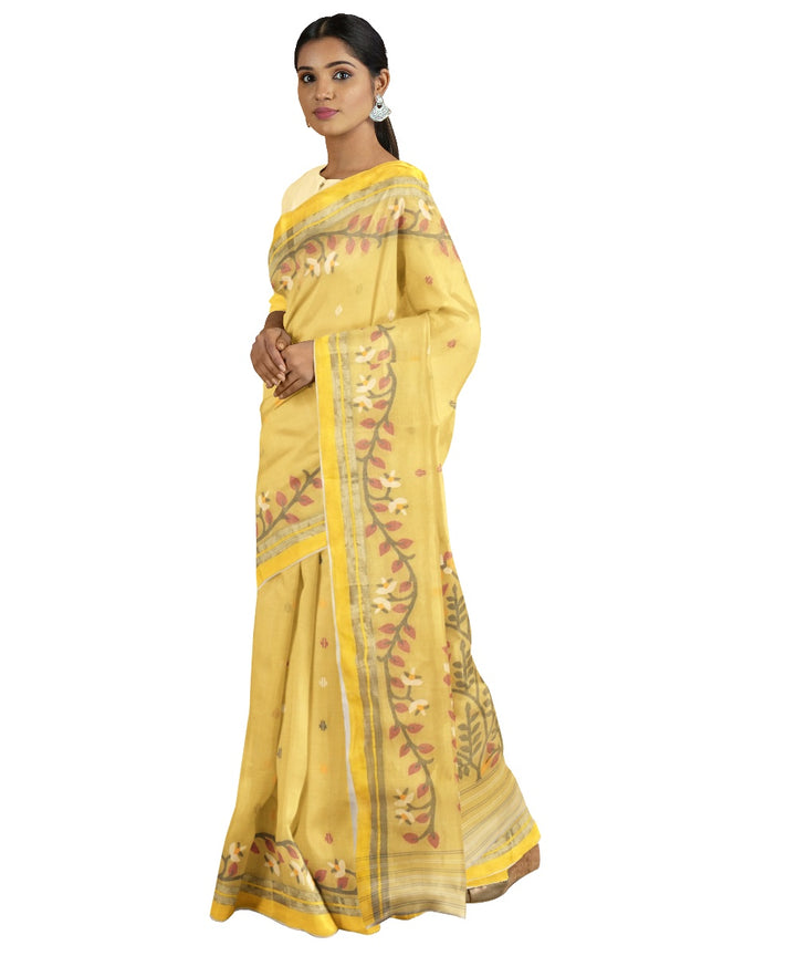 Tantuja mustard yellow handloom cotton jamdani saree