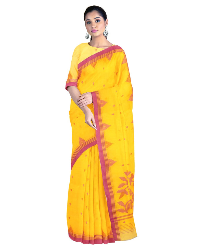 Tantuja yellow pink handloom cotton jamdani saree