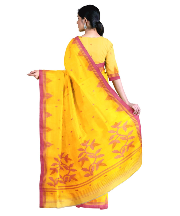 Tantuja yellow pink handloom cotton jamdani saree