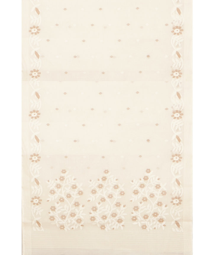 Tantuja beige white handwoven cotton jamdani saree