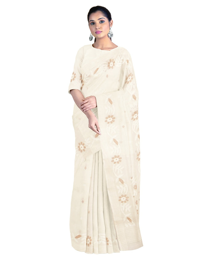 Tantuja beige white handwoven cotton jamdani saree