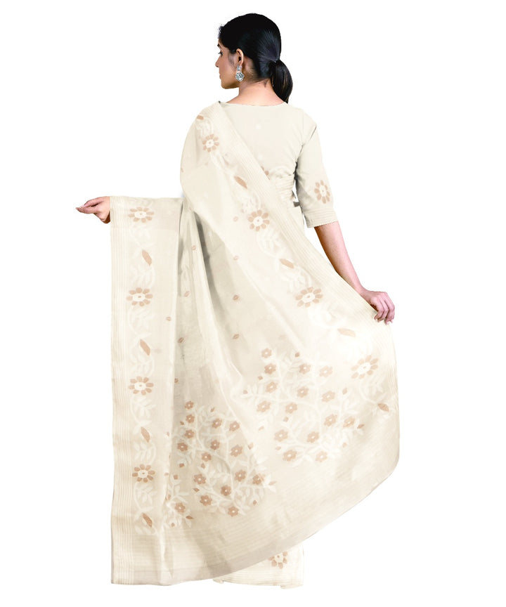 Tantuja beige white handwoven cotton jamdani saree