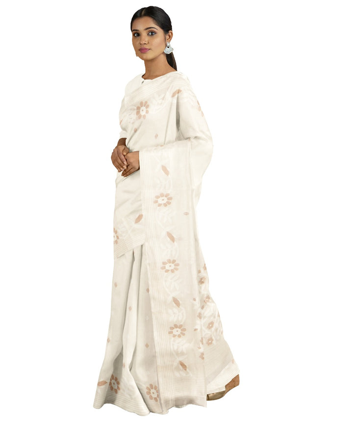 Tantuja beige white handwoven cotton jamdani saree
