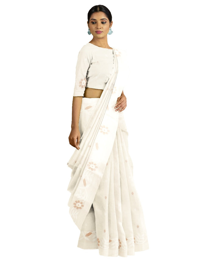 Tantuja beige white handwoven cotton jamdani saree