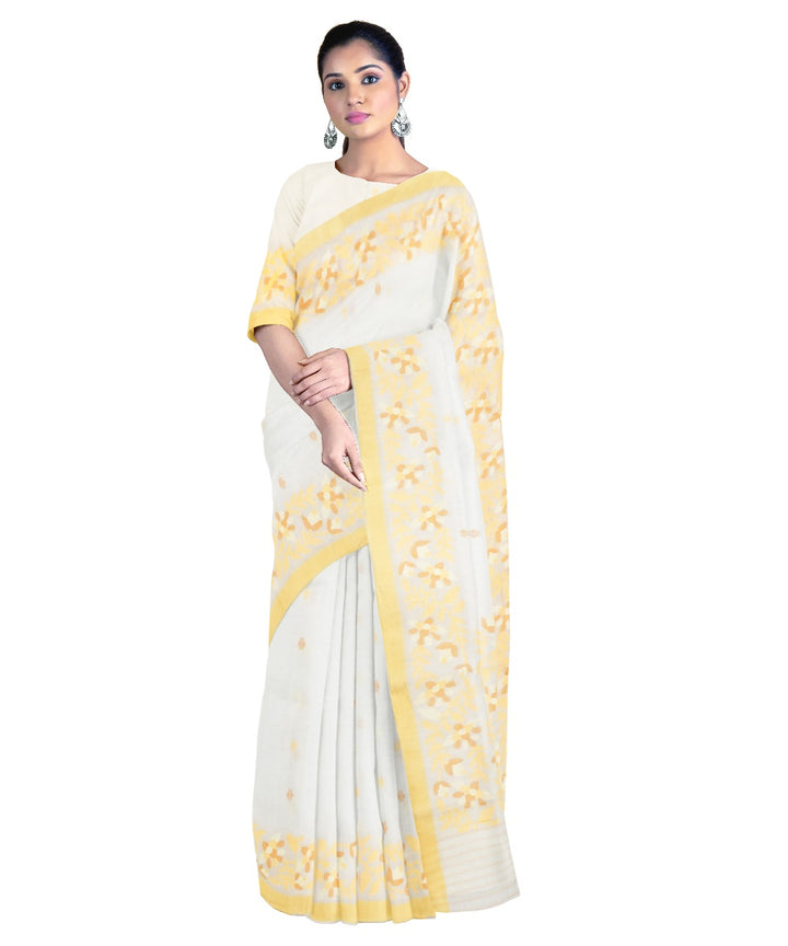 Tantuja white yellow handloom cotton jamdani saree