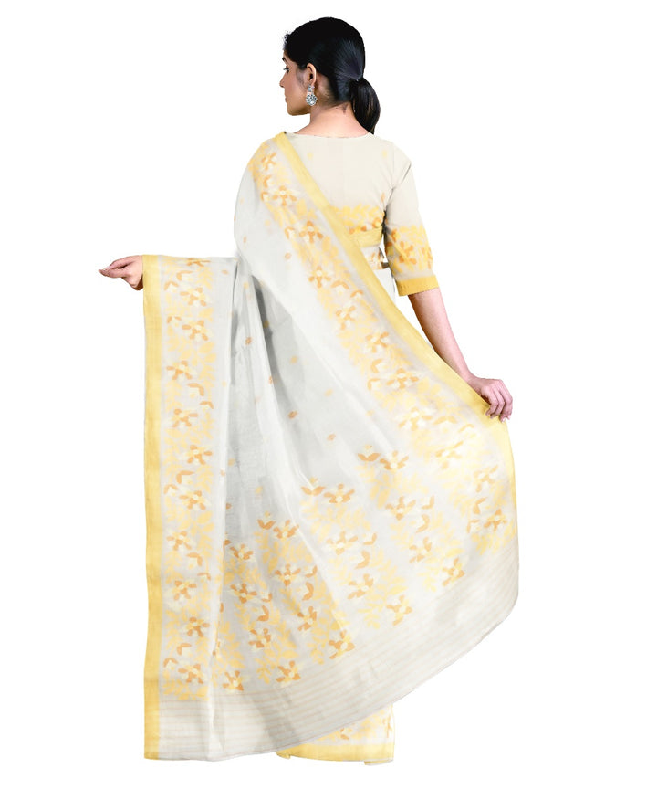 Tantuja white yellow handloom cotton jamdani saree