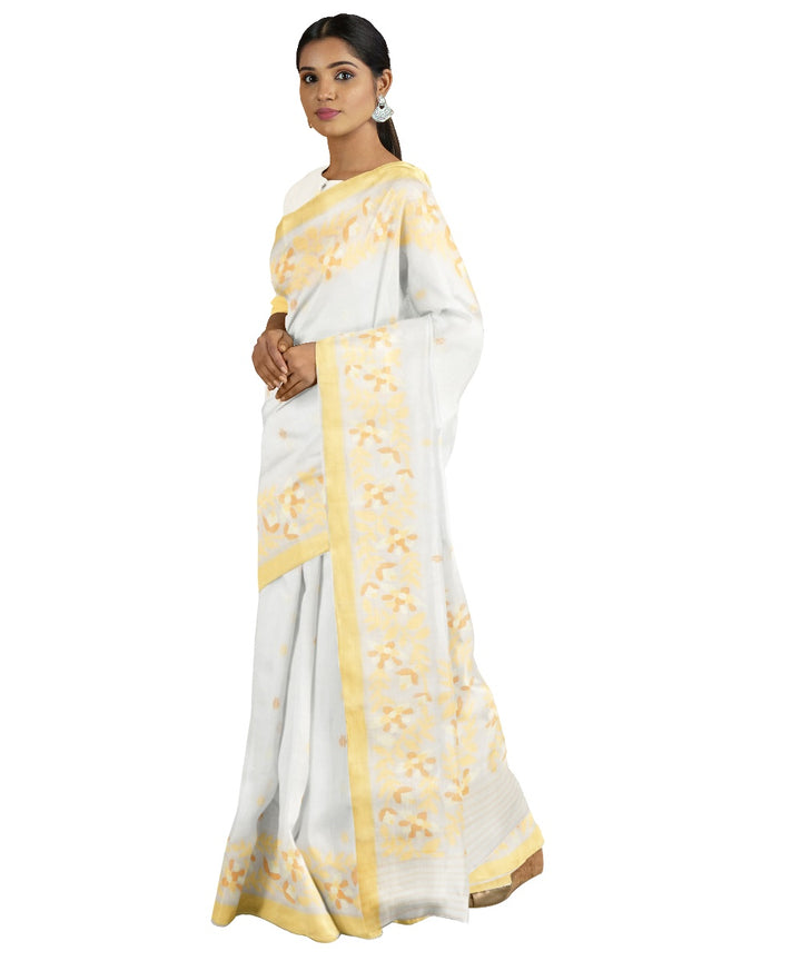 Tantuja white yellow handloom cotton jamdani saree