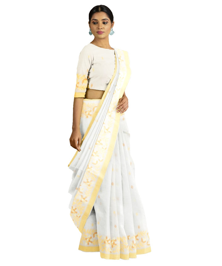 Tantuja white yellow handloom cotton jamdani saree