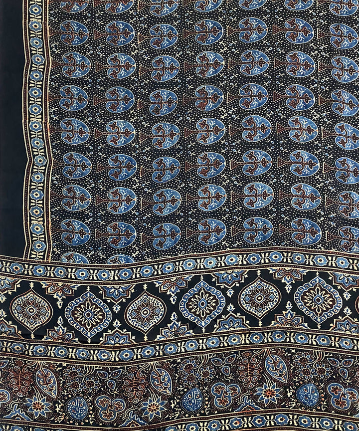 Black hand printed ajrakh modal silk saree