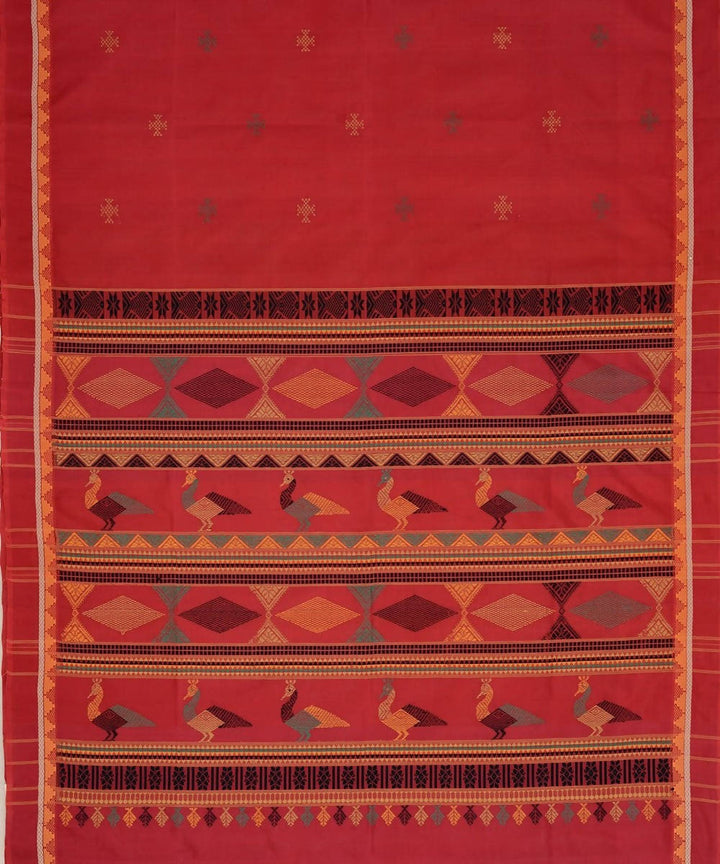 Red kanchi silkcotton saree with thread work bomkai pallu