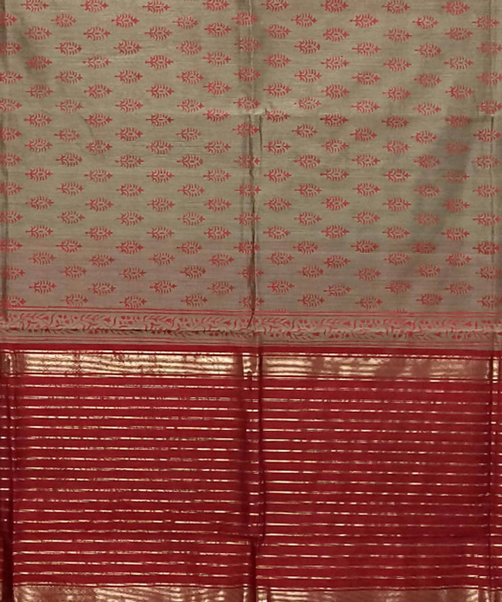Dark beige red handwoven cotton silk maheshwari saree