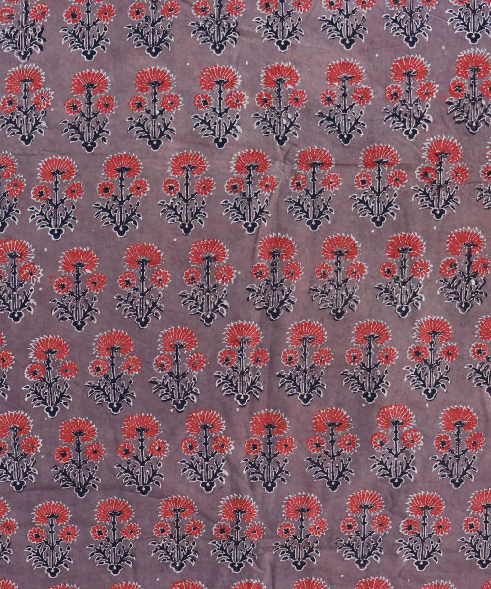 Brown red natural dye hand block printed cotton fabric