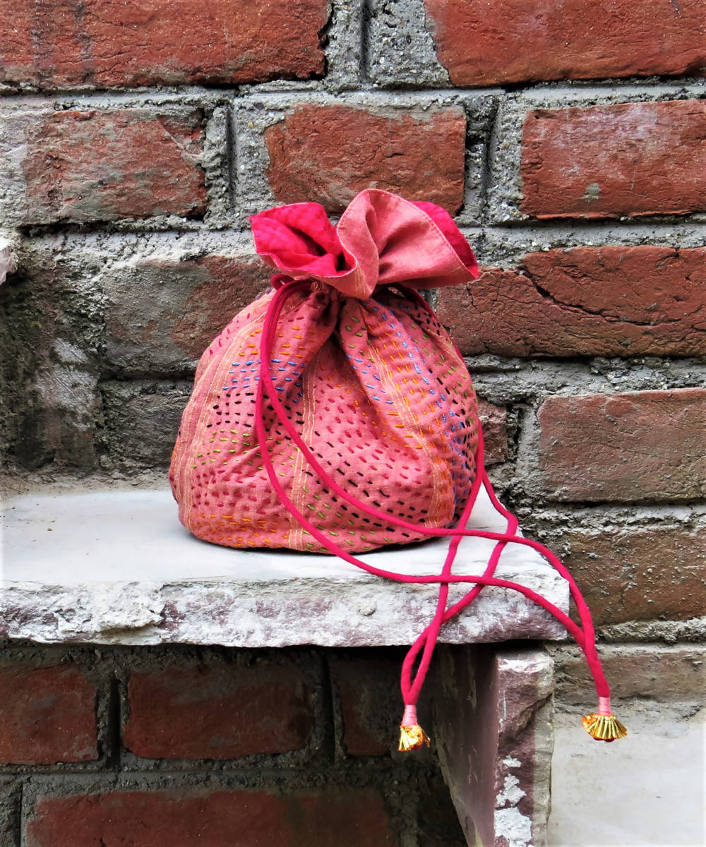 Pink handmade cotton cloth hand potli