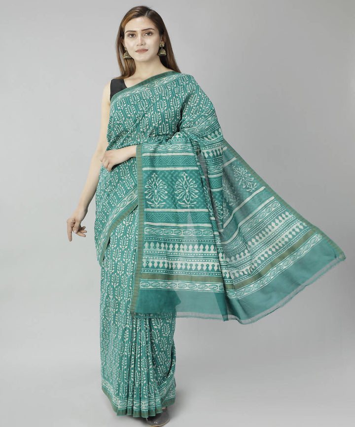 Teal green bagru handblock printed cotton silk saree