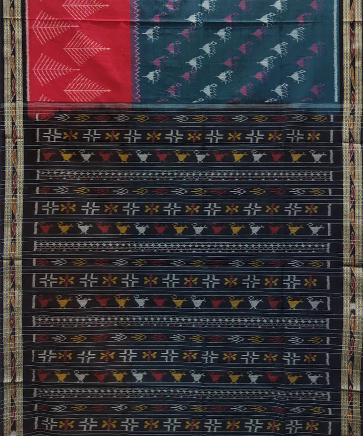 Albama crimson and blue grey cotton handwoven nuapatna saree