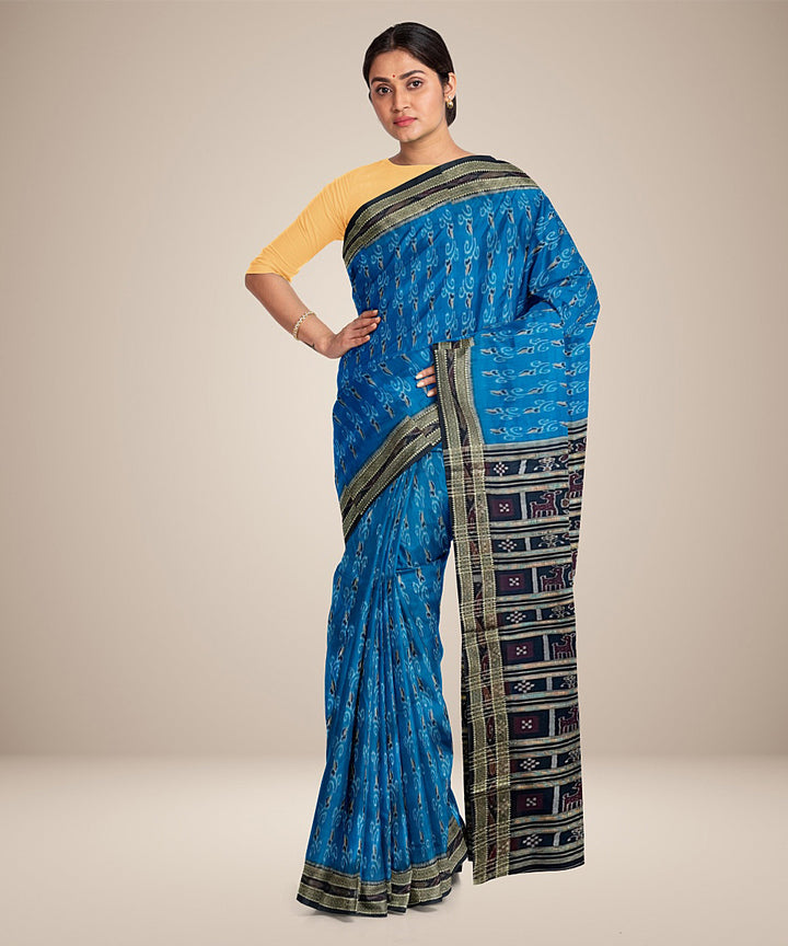 Cornflour blue black cotton silk handwoven khandua saree