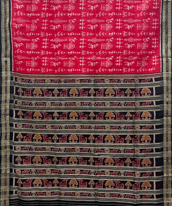 Firebrick red black cotton silk handwoven khandua saree