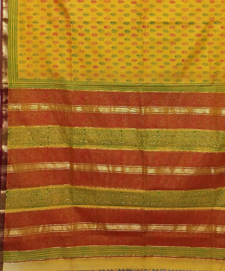 Deep lemon yellow handwoven cotton silk maheshwari saree