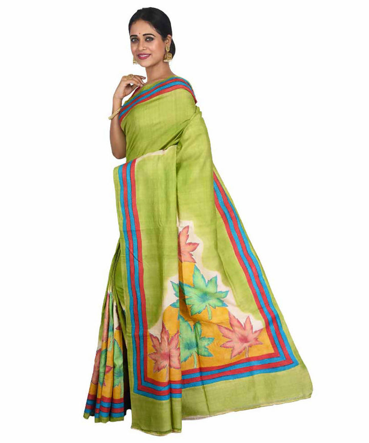 Green yellow bengal hand embroidery tussar silk saree