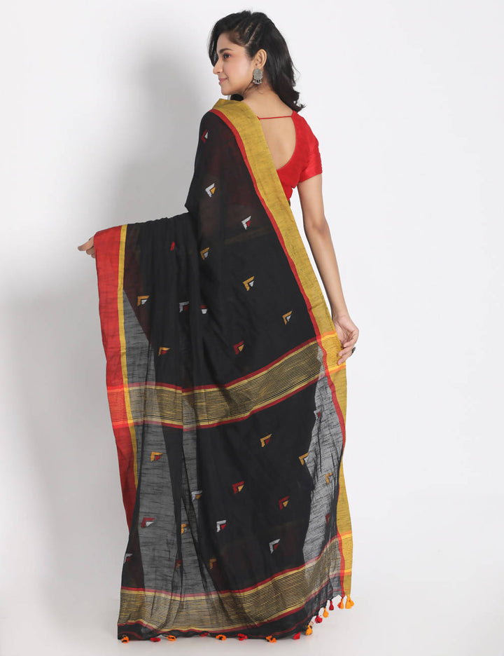 Black handspun handwoven cotton saree