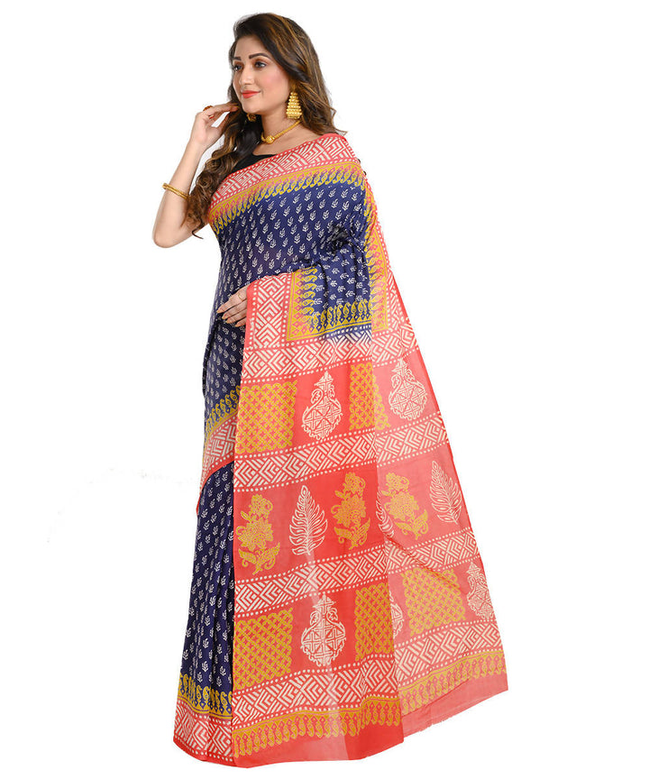 Black orange hand block print cotton bengal saree