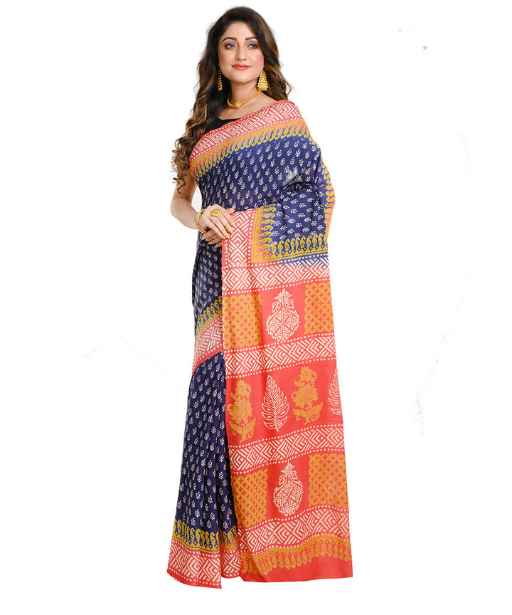 Black orange hand block print cotton bengal saree