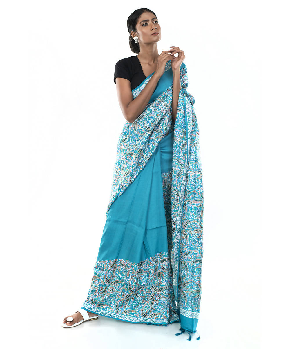 Blue green hand block print bengal silk saree