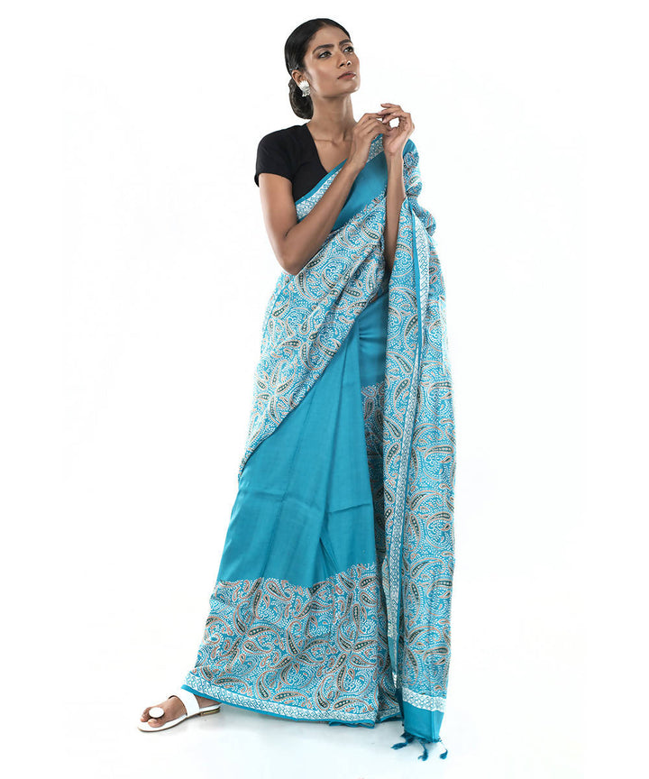 Blue green hand block print bengal silk saree