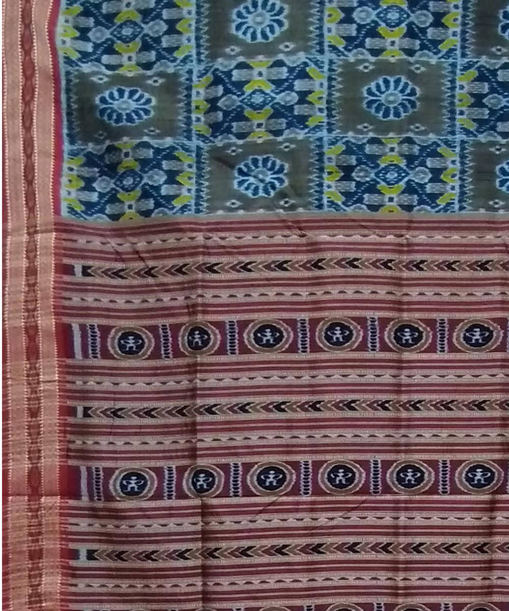 Dark grey red handwoven silk khandua saree