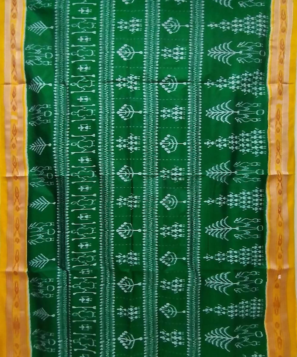 Dark green yellow handwoven silk khandua saree