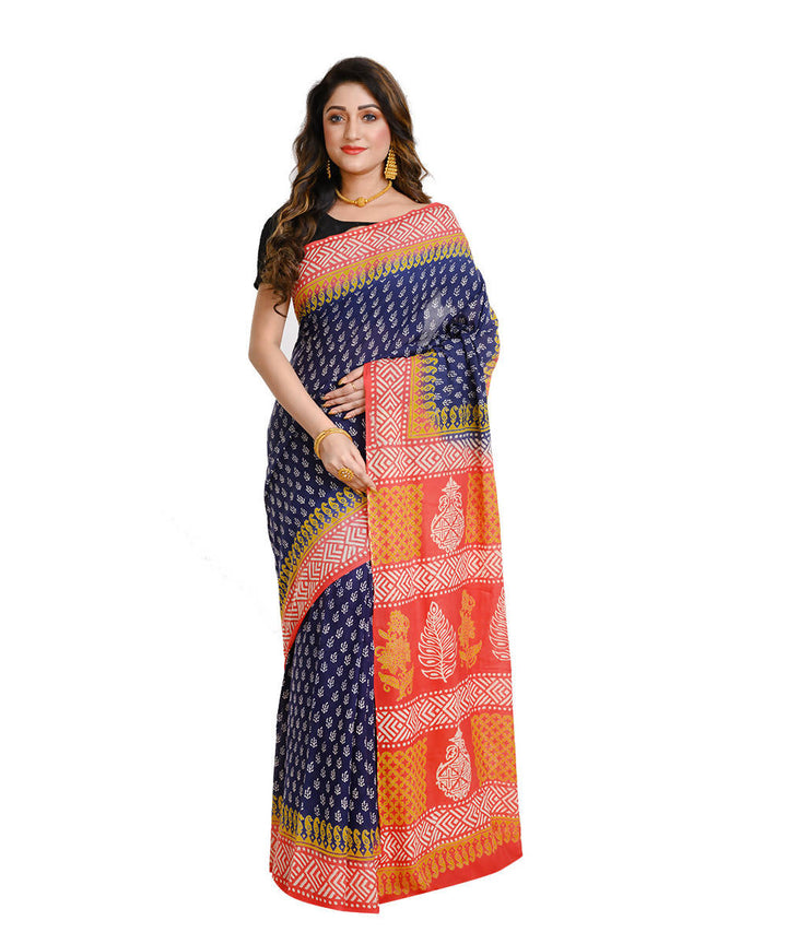 Black orange hand block print cotton bengal saree