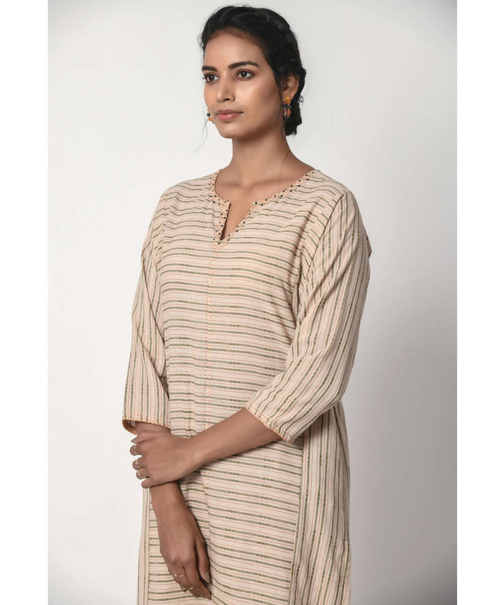 Beige Stripe Hand Embroidered Cotton Kurta