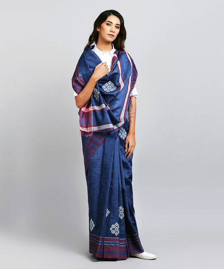 Indigo white handwoven baavanbuti silk saree