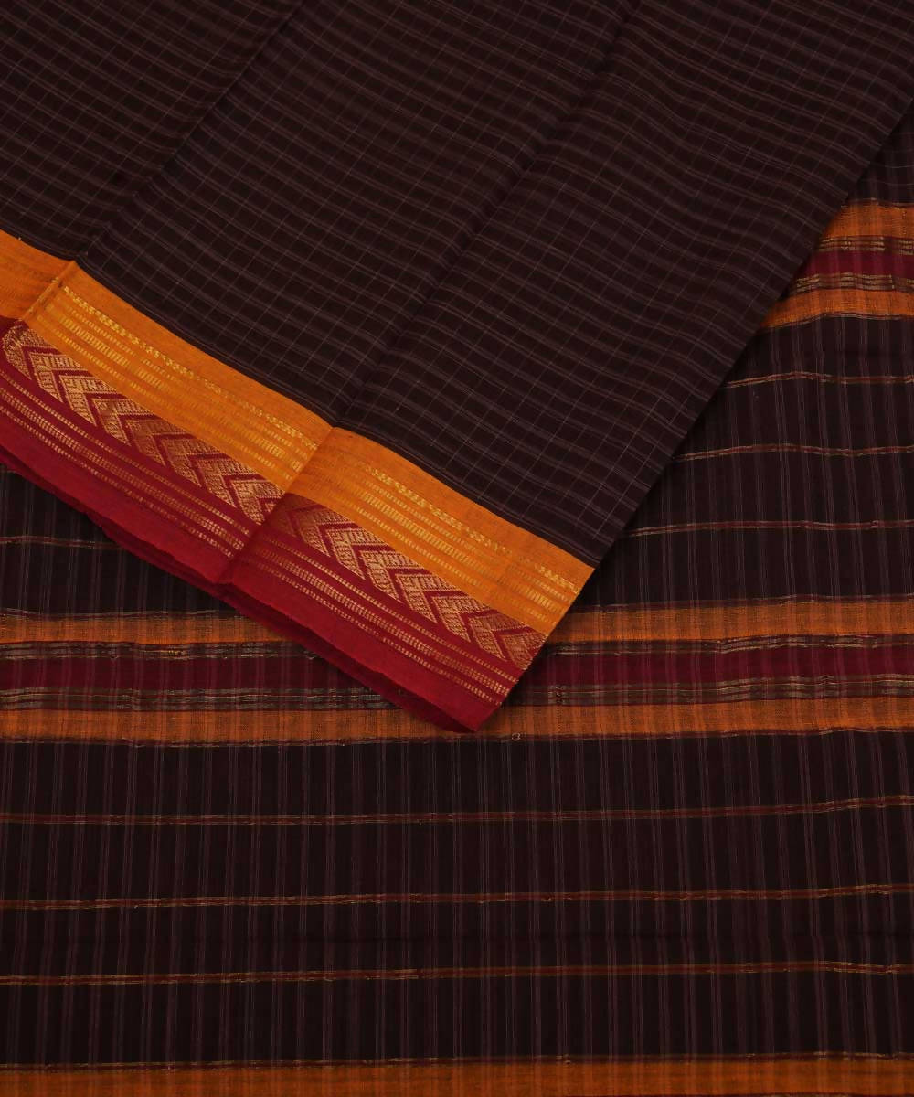 Chocolate brown handwoven cotton narayanpet saree
