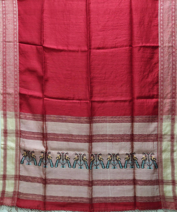 Red handwoven matka and tussar silk saree