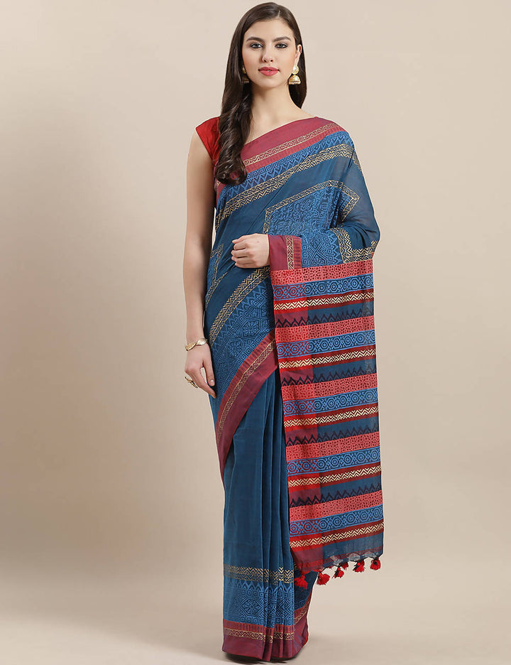 Blue handloom hand block printed cotton saree