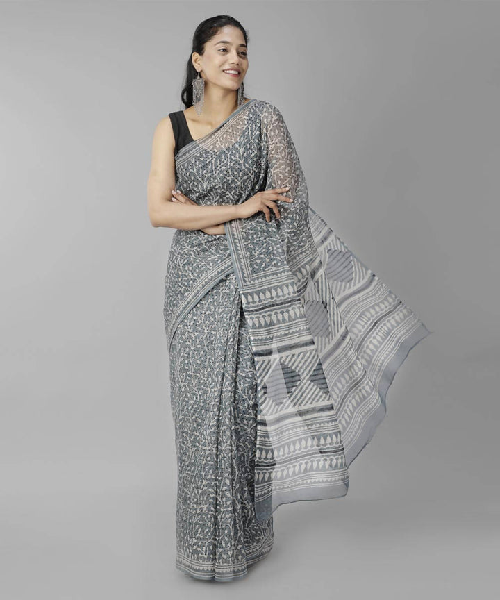 Grey bagru handblock printed cotton saree