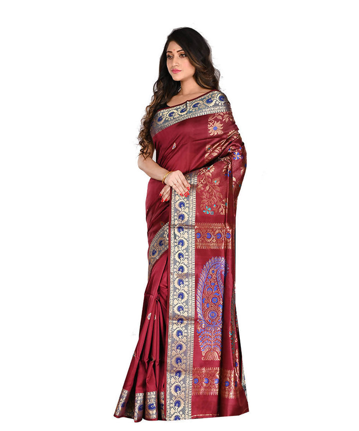 Bengal Handloom Burgundy Baluchari Silk Saree