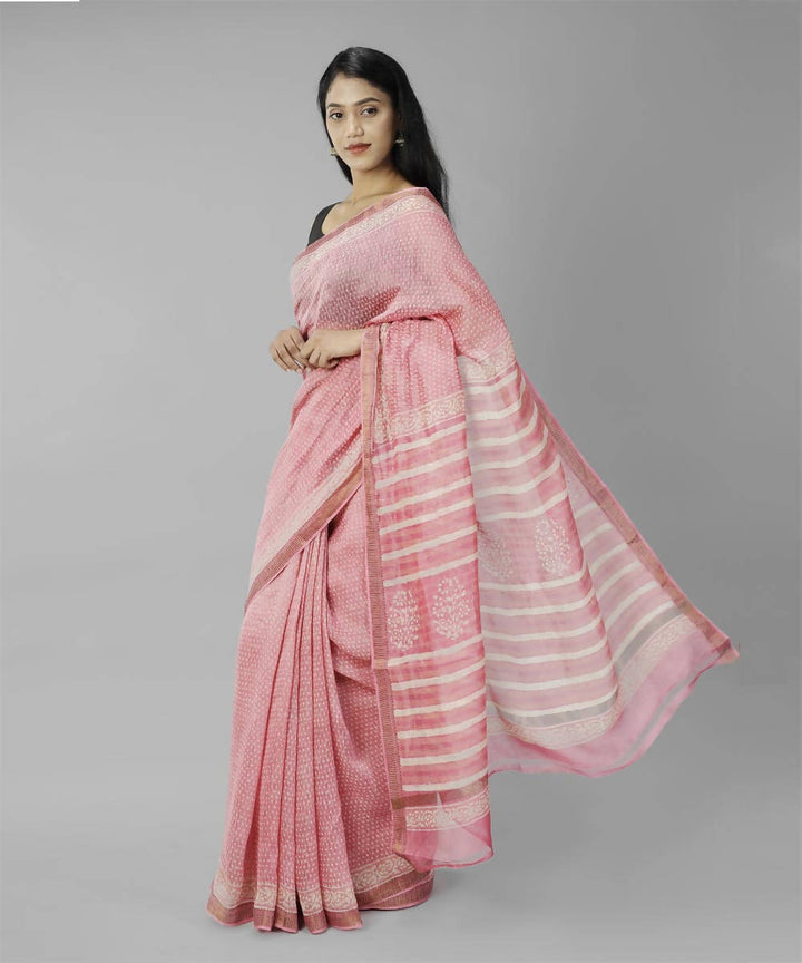 Light pink bagru handblock printed linen saree